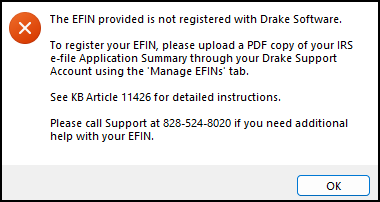 Image of EFIN has not been registered window